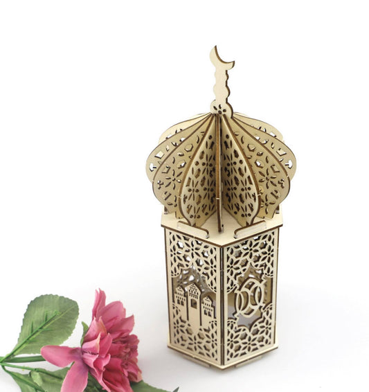 Ramadan Lantern Beautiful Ramadan lighten Wood Lantern ,Light Fanous Ramadan Wooden 25 CM Ramadan Sound Light Middle Eastern Boutique