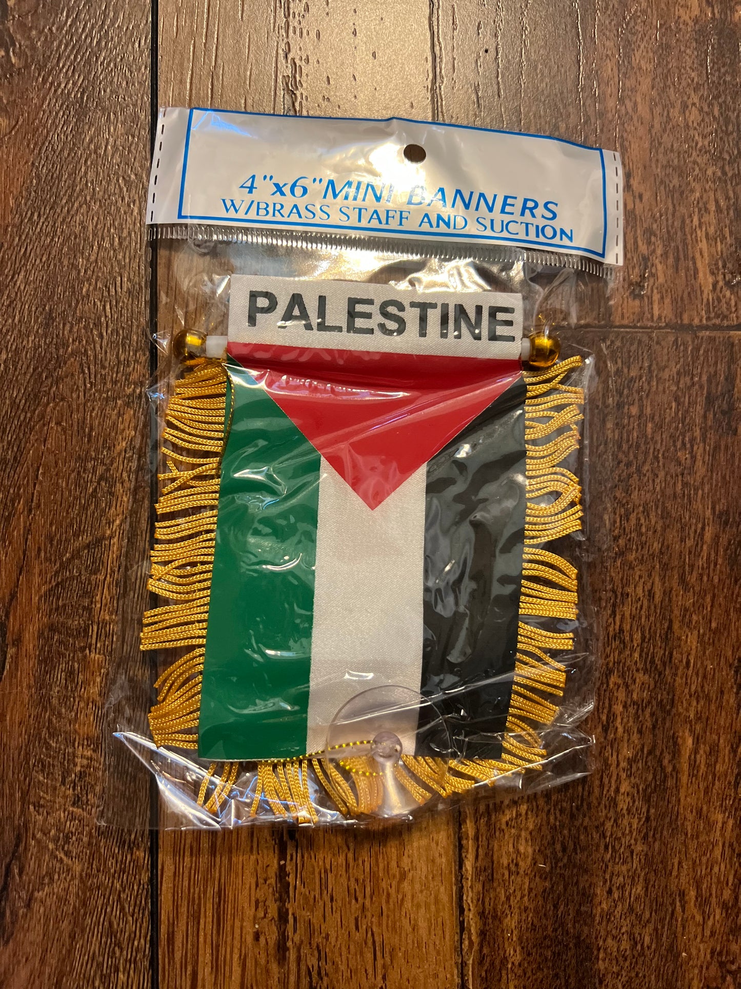 PALESTINE MINI BANNER FLAG 4 x 6" with BRASS STAFF & SUCTION CUP