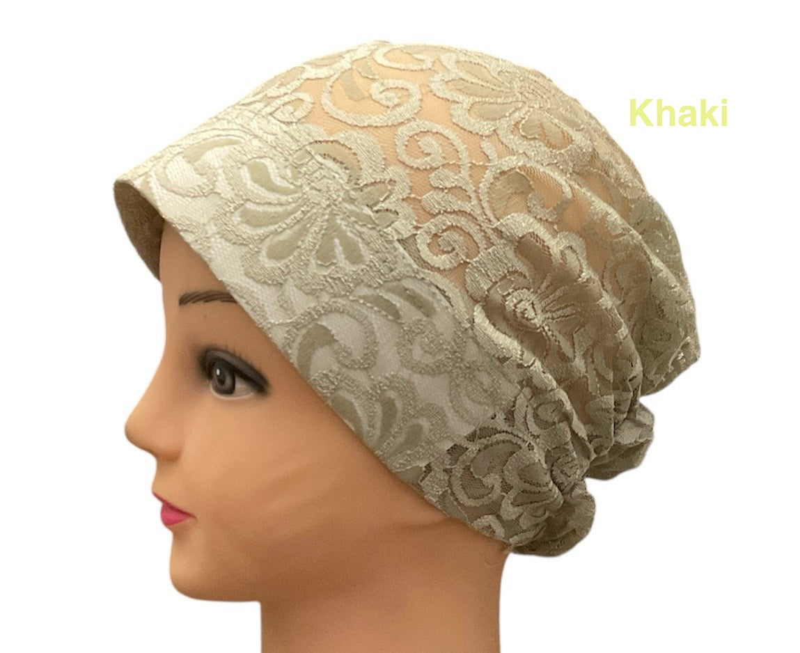 Lace Turban Padded Under Scarf Cap / Full Bonnet cover , Hard Front Style made in Kuwait