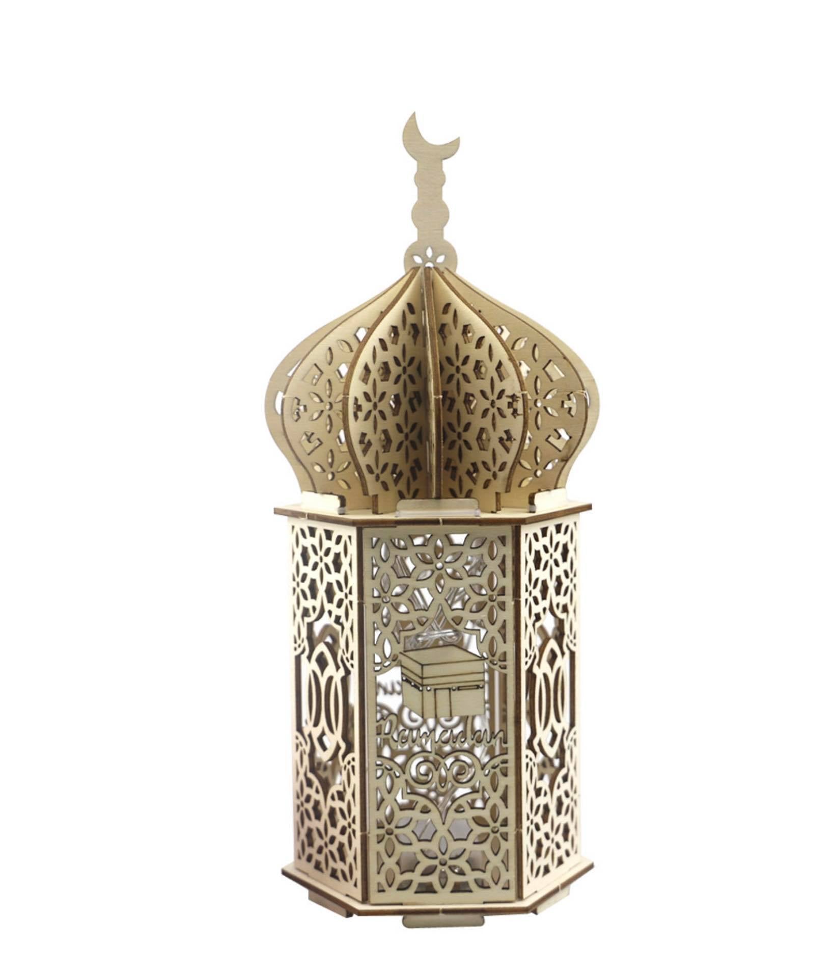 Ramadan Lantern Beautiful Ramadan lighten Wood Lantern  ,Light Fanous Ramadan Wooden 25 CM Ramadan Sound Light Middle Eastern Boutique