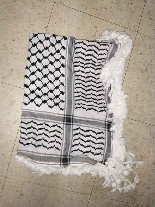 Black and White keffiyeh or Shemagh with Fluffy Tassels