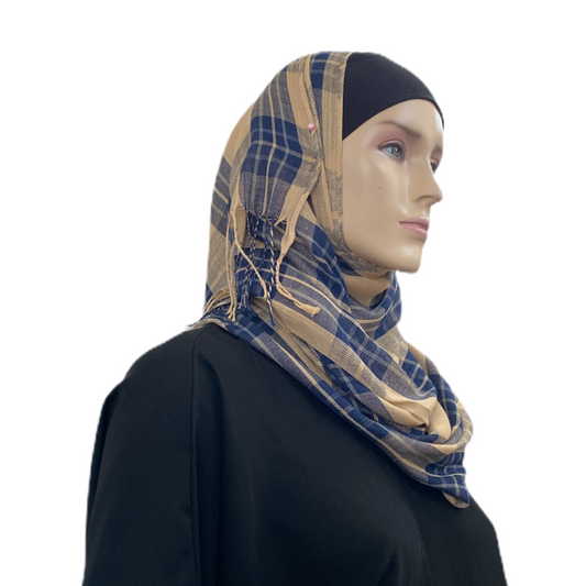 Plaid Beige Hijab w/ Navy Middle Eastern Boutique