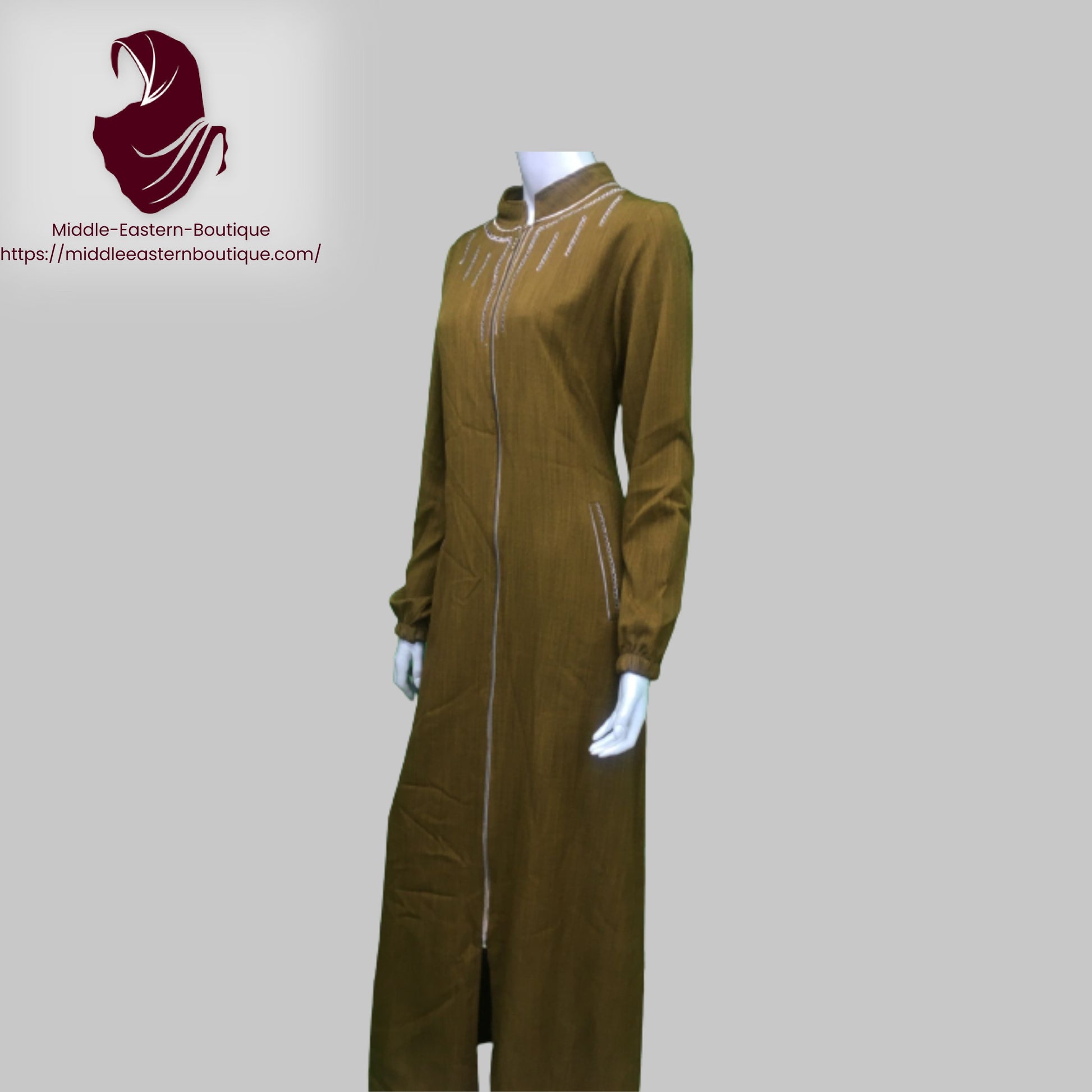 Jilbab zipper, abaya, with white lines extending around the neck and  with buckets,  Very Comfortable. Middle Eastern Boutique