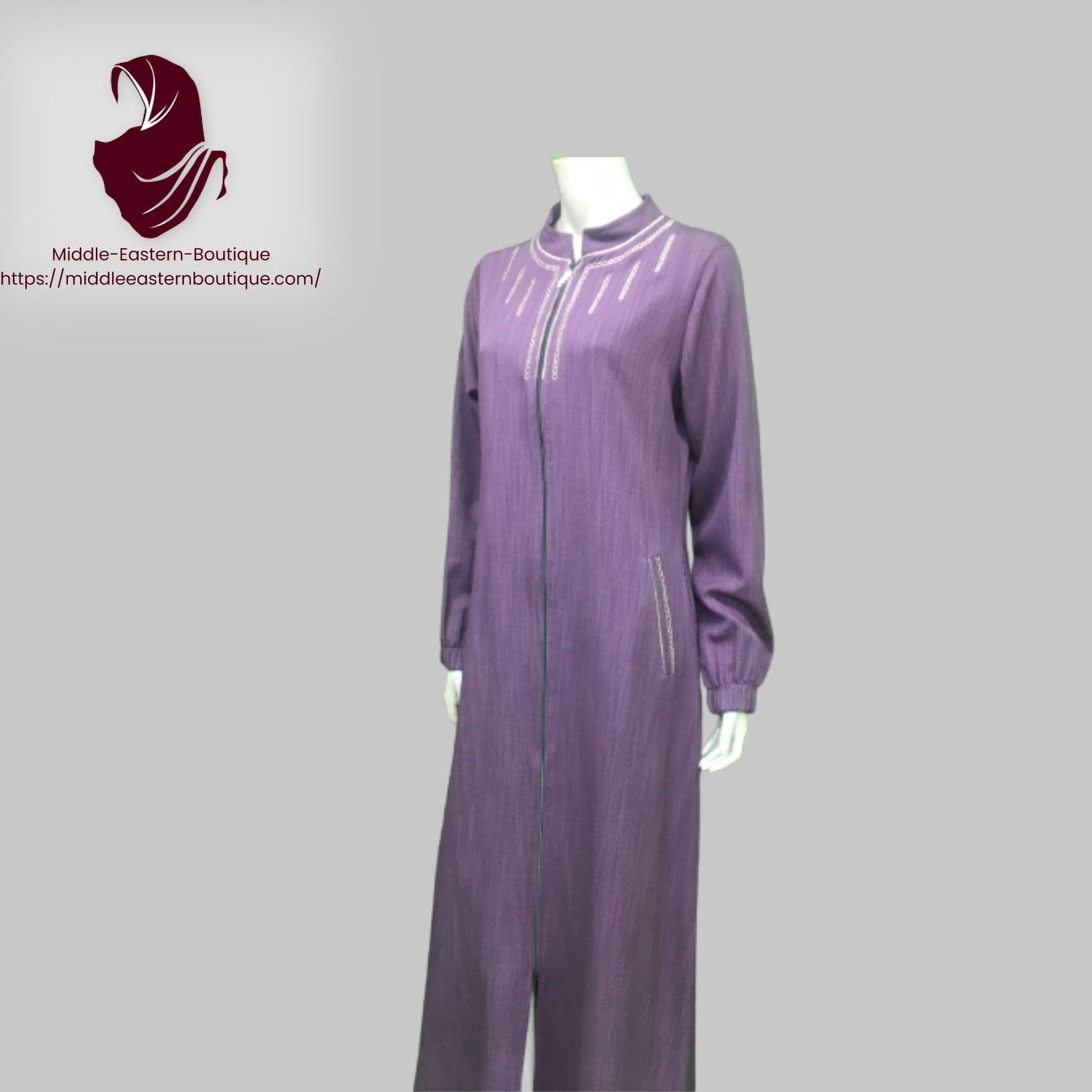 Jilbab zipper, abaya, with white lines extending around the neck and  with buckets,  Very Comfortable. Middle Eastern Boutique