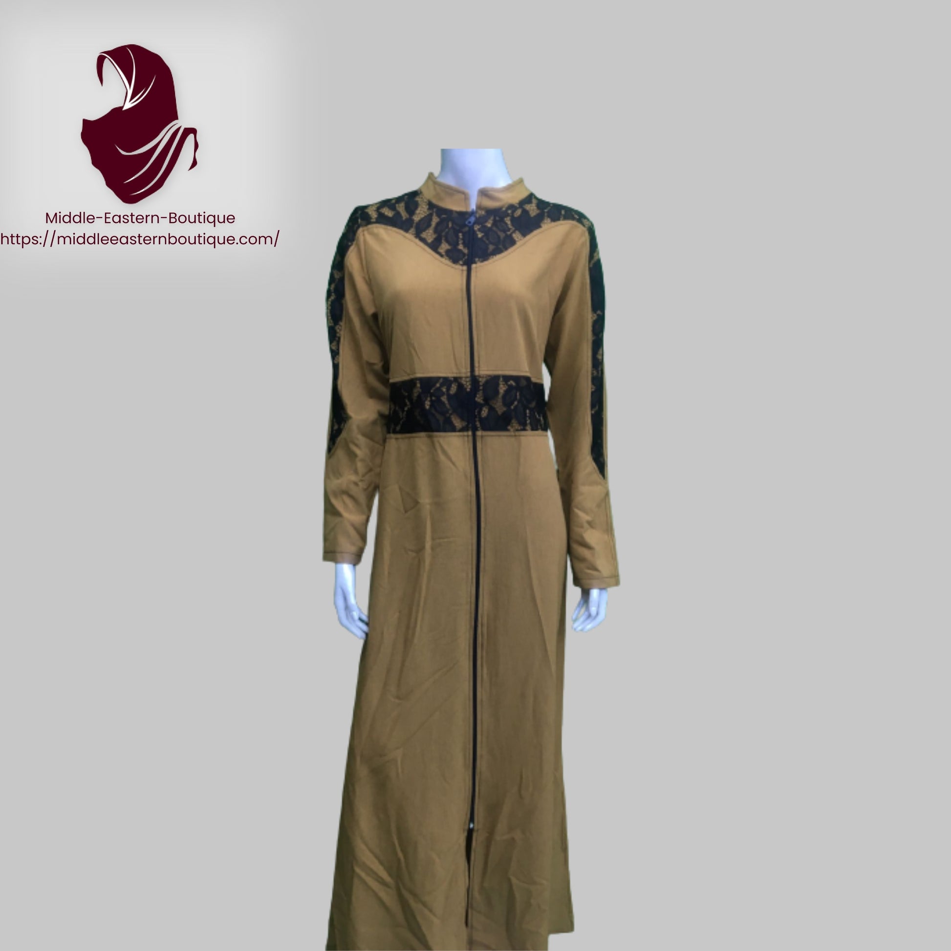 Jilbab zipper, abaya, with lace extending from the neck to the shoulders and on the waist area,  Very Comfortable. Middle Eastern Boutique