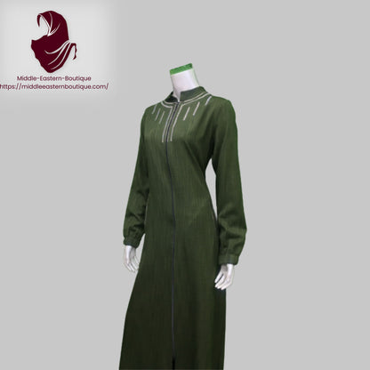 Jilbab zipper, abaya, with white lines extending around the neck and  with buckets,  Very Comfortable. Middle Eastern Boutique