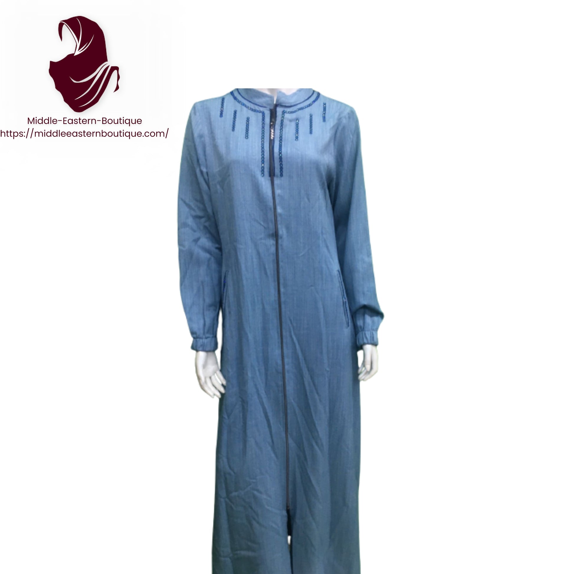 Jilbab zipper, abaya, with white lines extending around the neck and  with buckets,  Very Comfortable. Middle Eastern Boutique