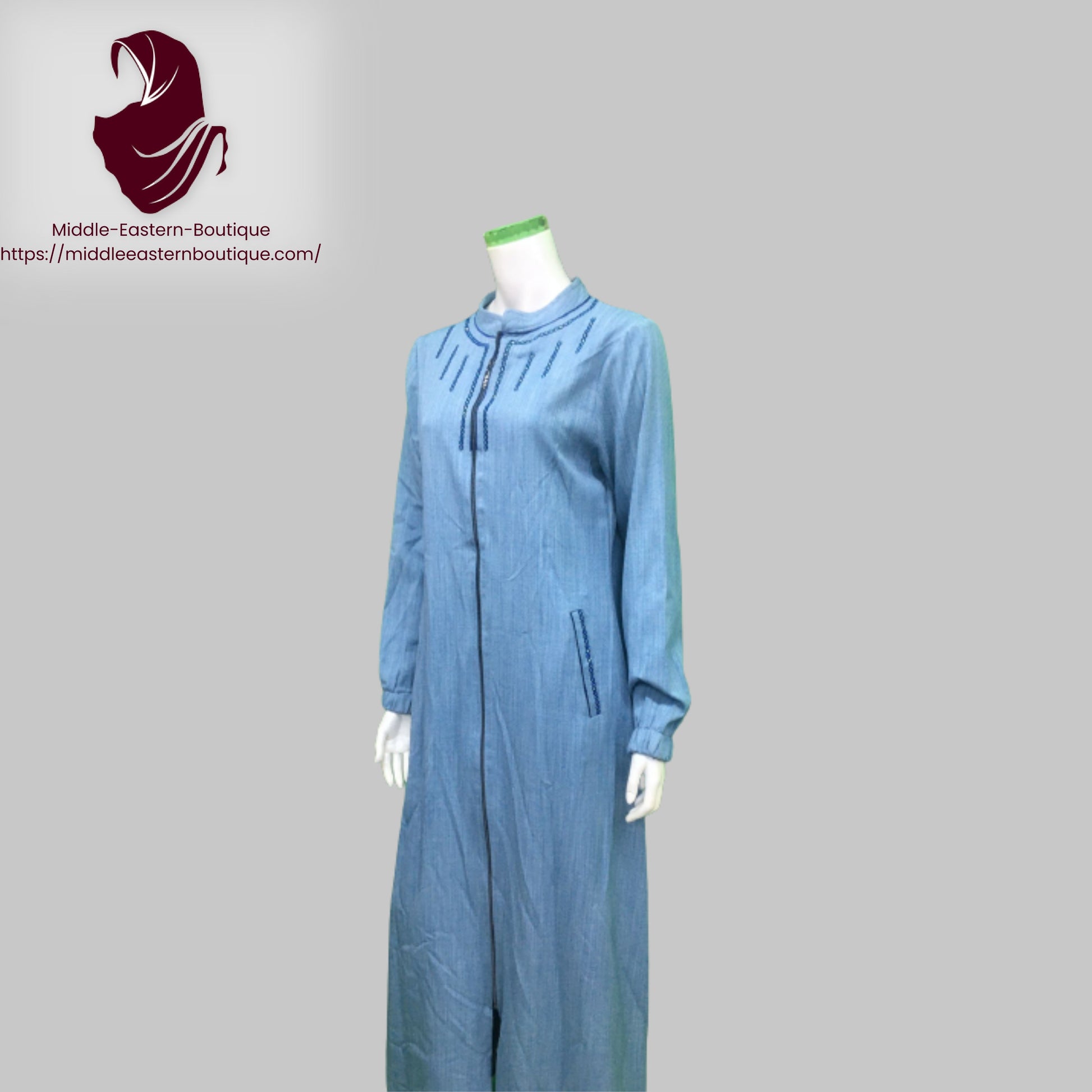 Jilbab zipper, abaya, with white lines extending around the neck and  with buckets,  Very Comfortable. Middle Eastern Boutique