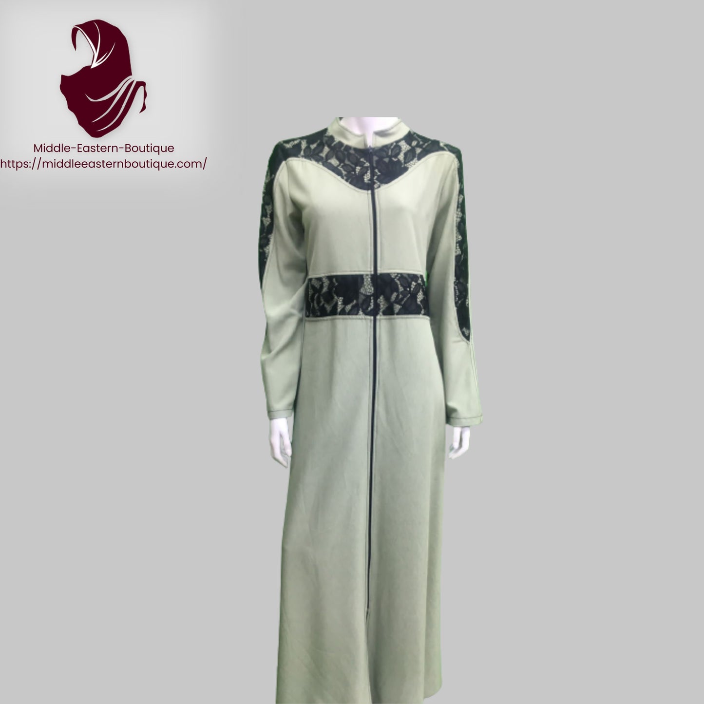 Jilbab zipper, abaya, with lace extending from the neck to the shoulders and on the waist area,  Very Comfortable. Middle Eastern Boutique