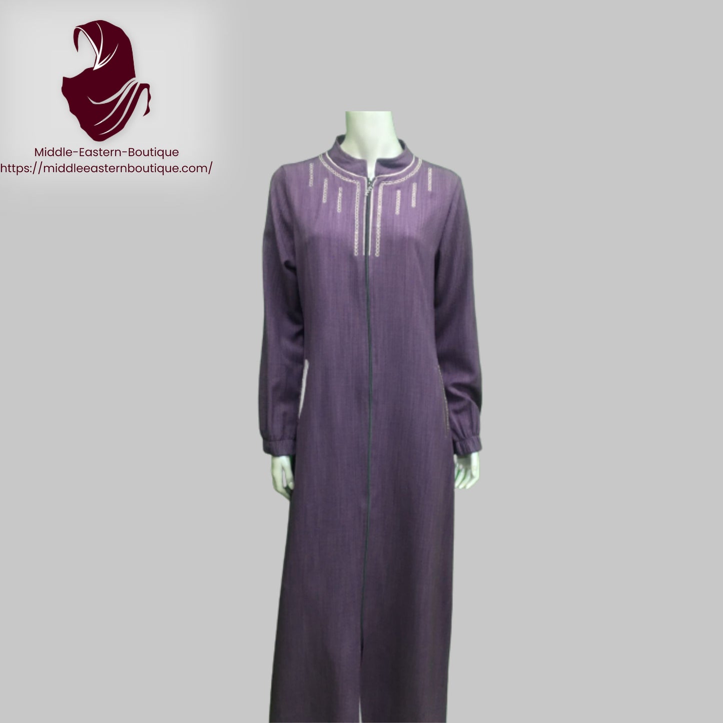 Jilbab zipper, abaya, with white lines extending around the neck and  with buckets,  Very Comfortable. Middle Eastern Boutique