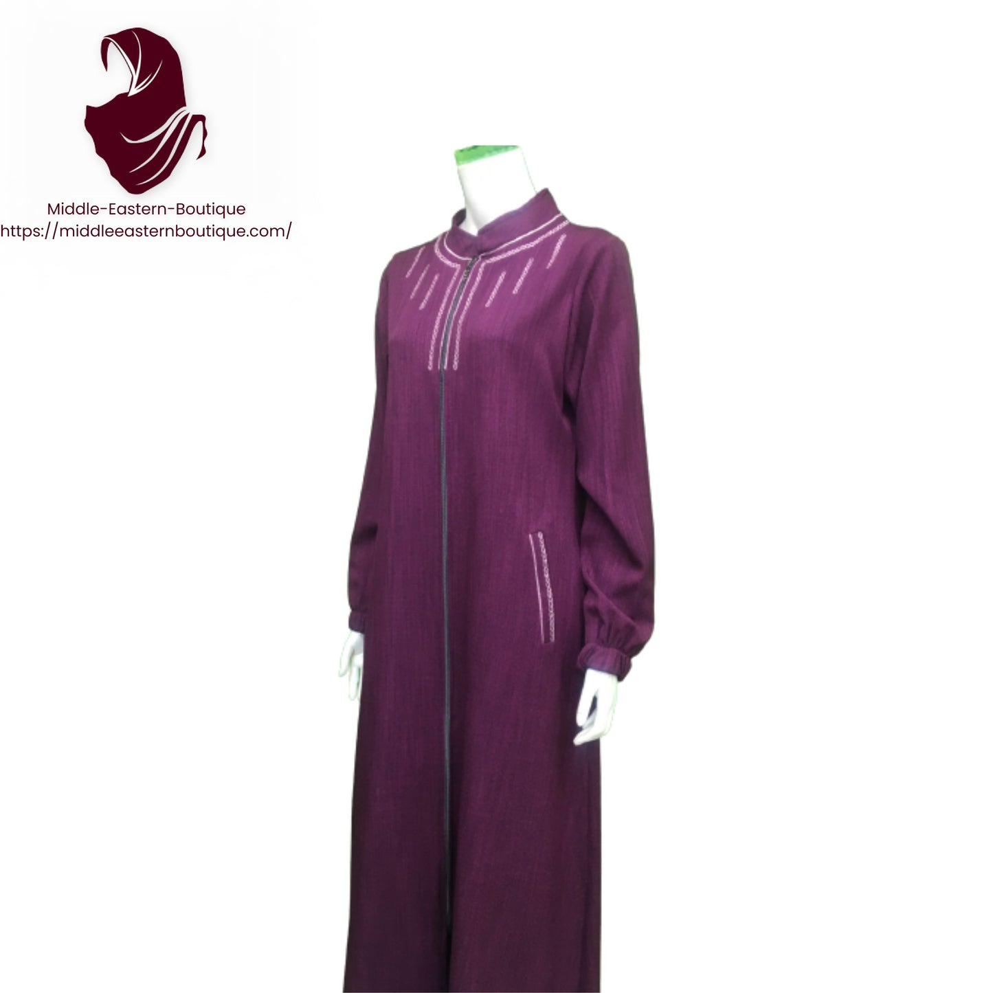 Jilbab zipper, abaya, with white lines extending around the neck and  with buckets,  Very Comfortable. Middle Eastern Boutique