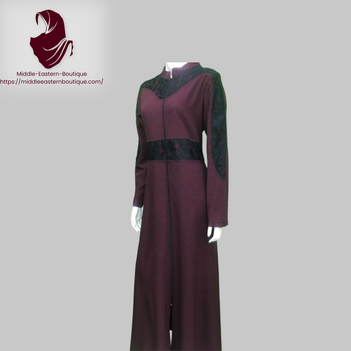 Jilbab zipper, abaya, with lace extending from the neck to the shoulders and on the waist area,  Very Comfortable. Middle Eastern Boutique