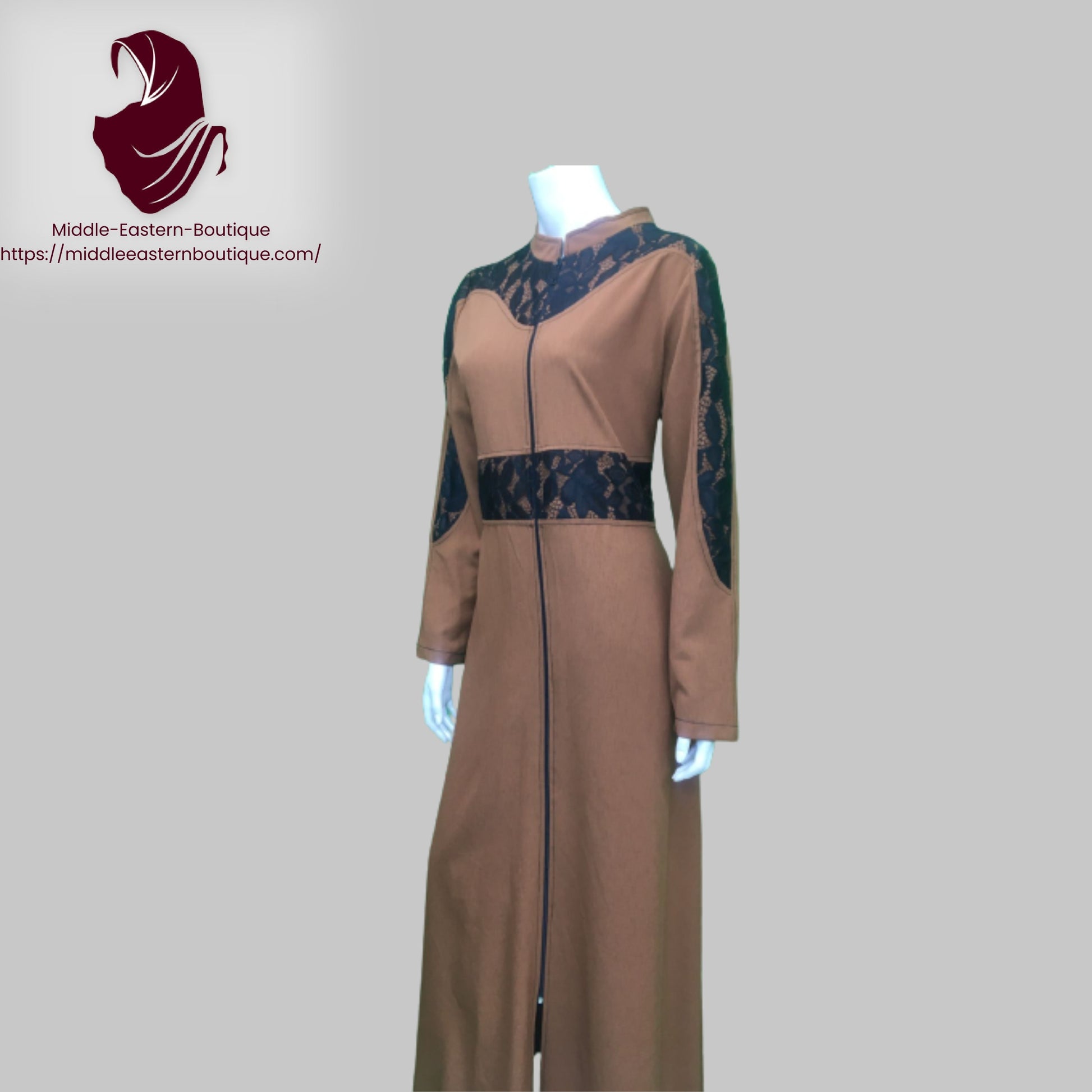 Jilbab zipper, abaya, with lace extending from the neck to the shoulders and on the waist area,  Very Comfortable. Middle Eastern Boutique