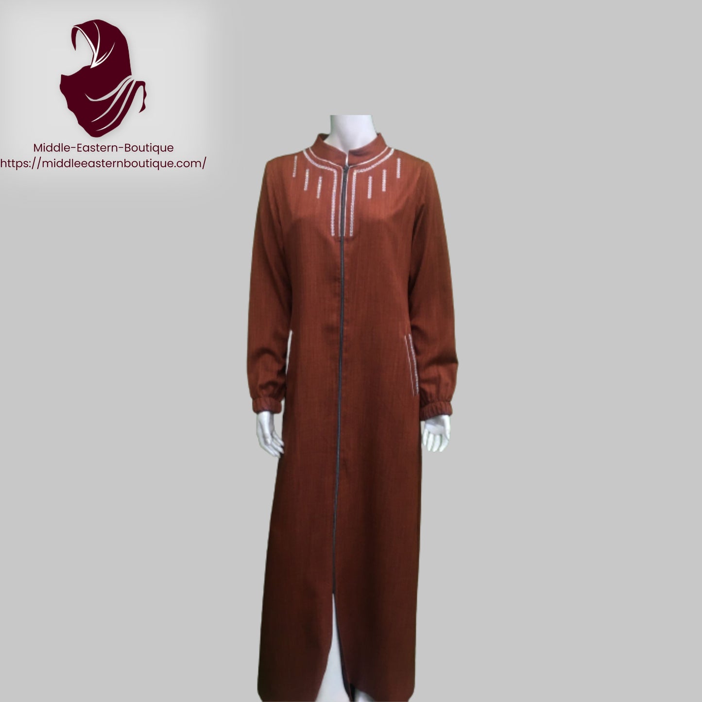 Jilbab zipper, abaya, with white lines extending around the neck and  with buckets,  Very Comfortable. Middle Eastern Boutique