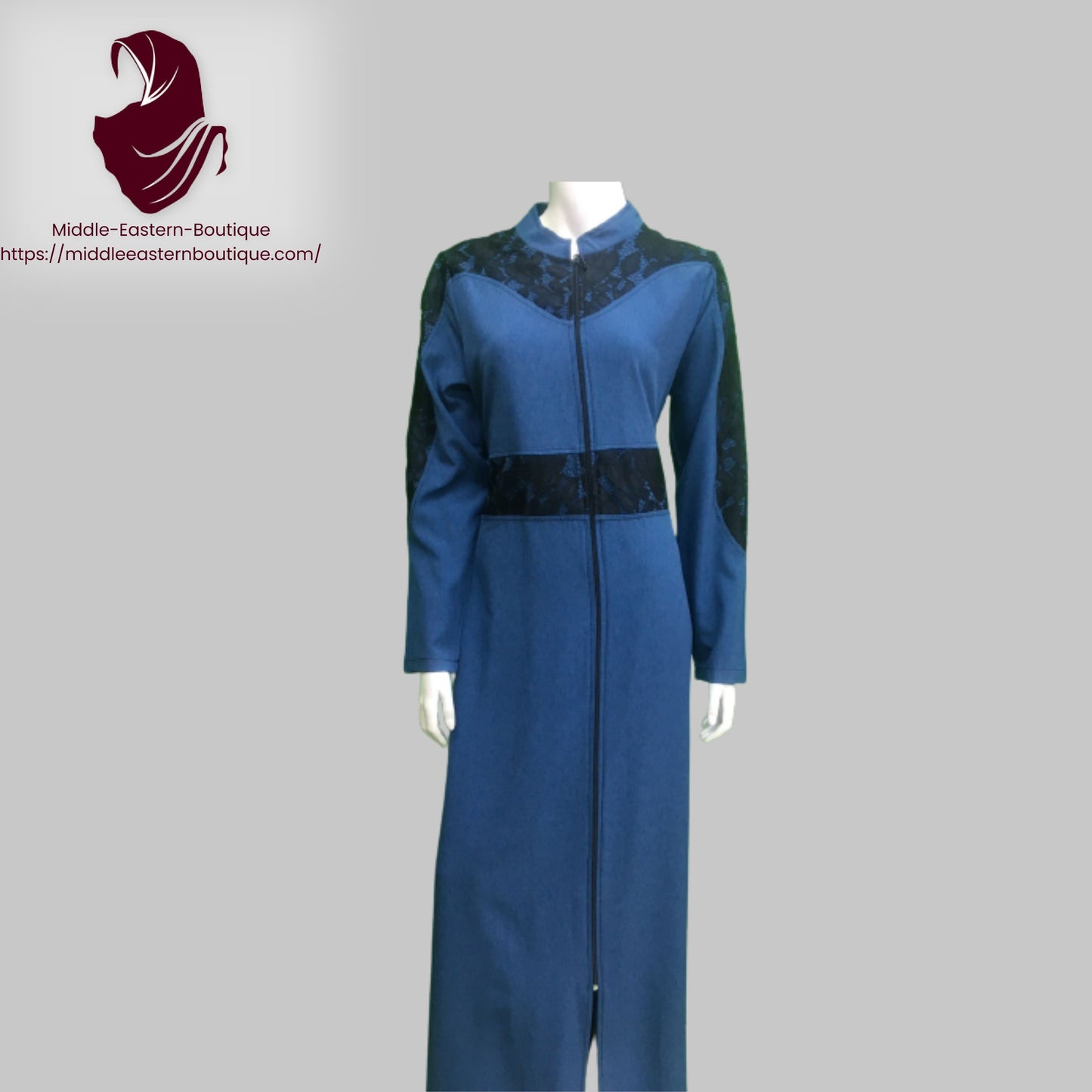 Jilbab zipper, abaya, with lace extending from the neck to the shoulders and on the waist area,  Very Comfortable. Middle Eastern Boutique