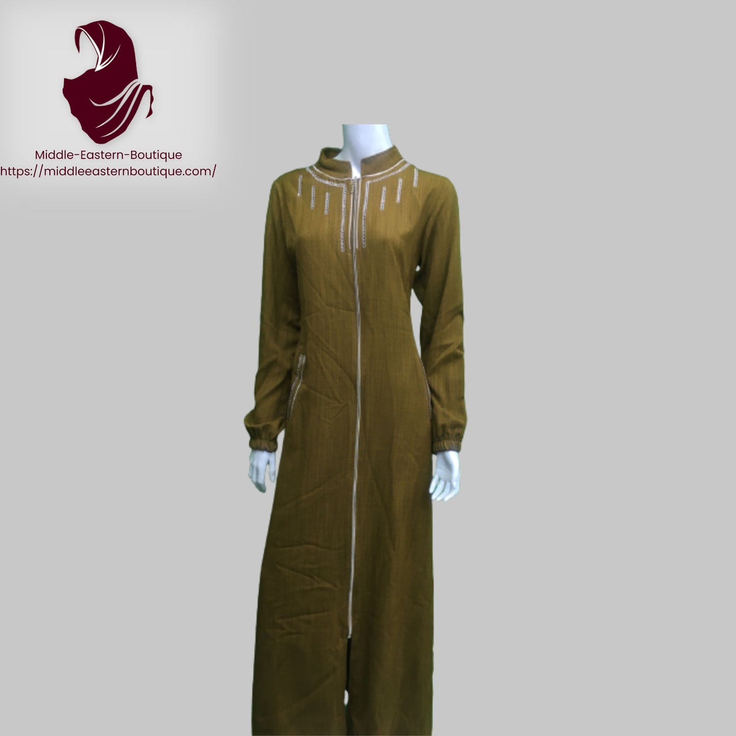 Jilbab zipper, abaya, with white lines extending around the neck and  with buckets,  Very Comfortable. Middle Eastern Boutique