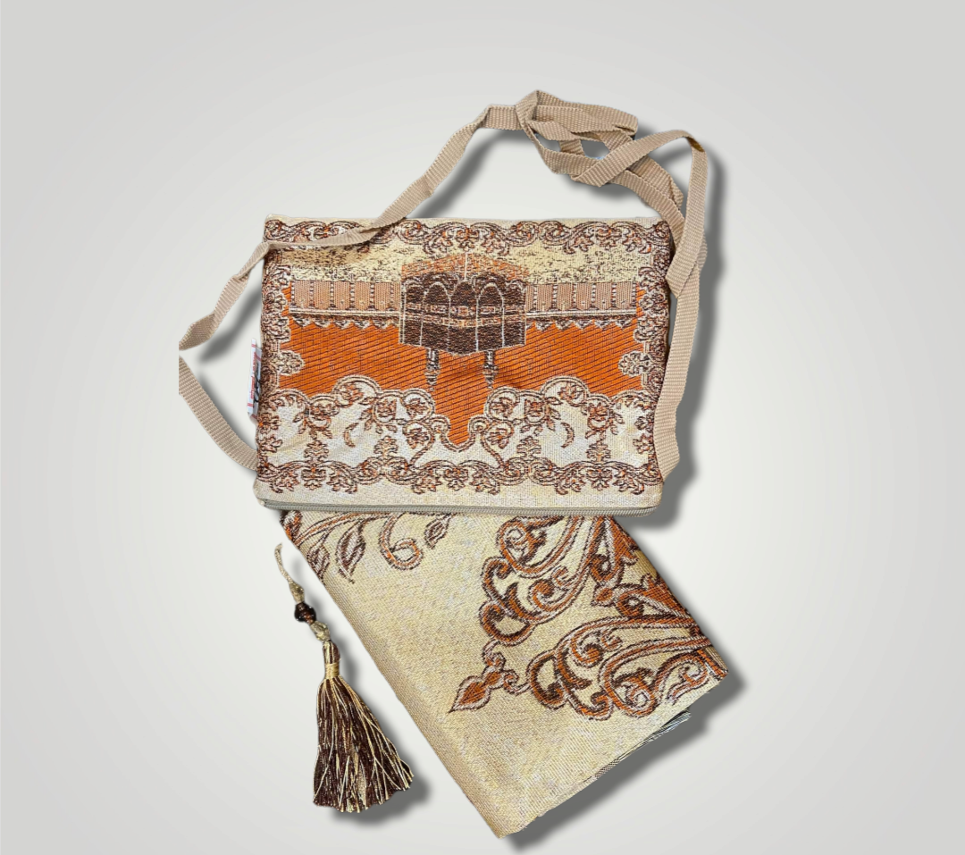 Muslim Prayer Mat or Prayer Rug in a Travel Carry Bag with Mecca Al Kaaba Style. Middle Eastern Boutique