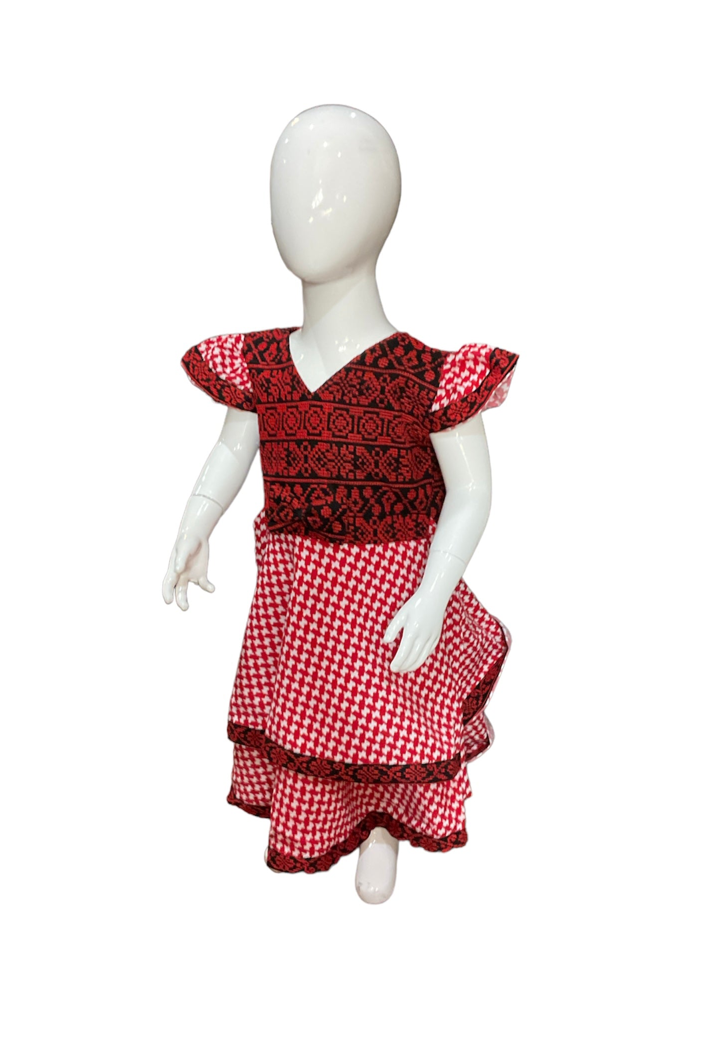Embroidered Dress for Kids - Red, White - Shemagh Patterned.